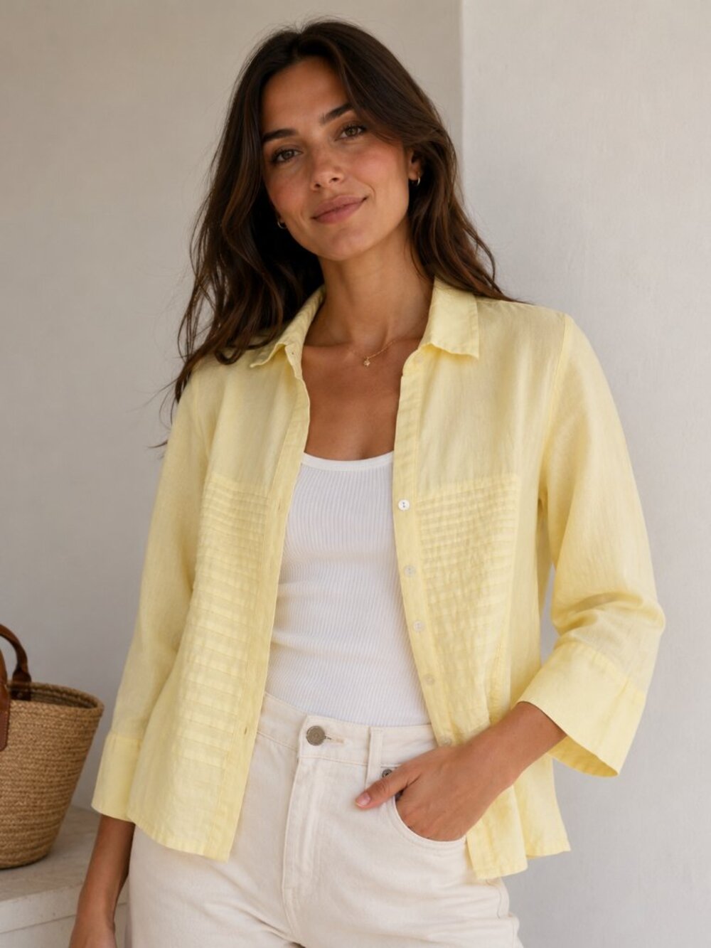 Tracy M Women 8/M Linen Button Down Shirt Pleated Front Blouse Yellow Jacket